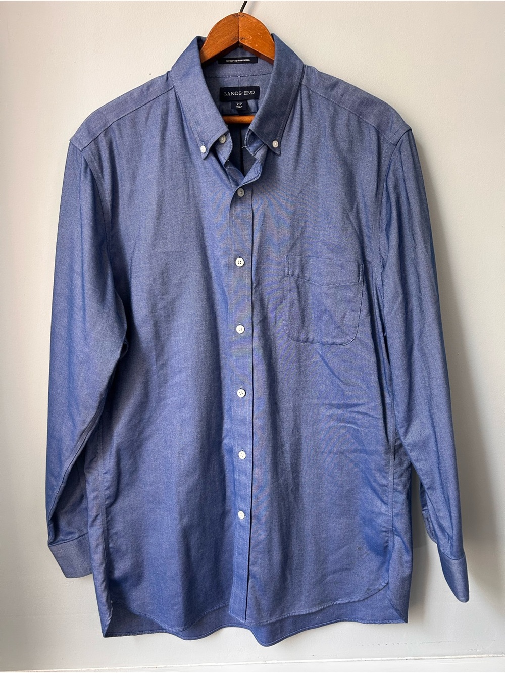 Lands End Button Down Dress Shirt Size 16 - 32 Blue Long Sleeve Slim Oxford